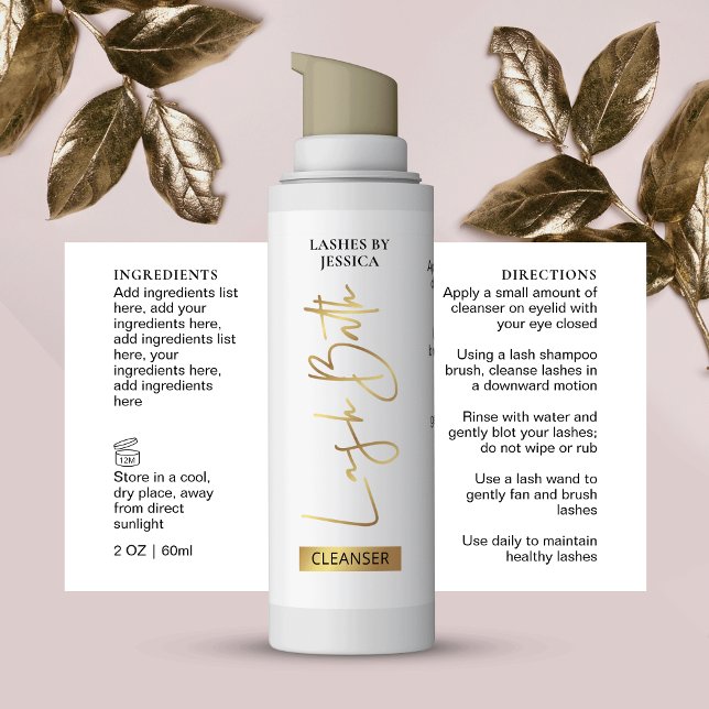 Elegant Chic Gold Lash Bath Cleanser Foam Bottle Rectangular Sticker (Elegant gold effect lash bath foam bottle wrap around label with ingredients & directions)