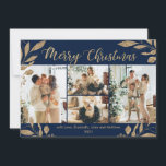 Elegant Chic Gold Leaves 4 Photo Christmas Card<br><div class="desc">Elegant, Modern Gold and Navy Botanical Leaves 4 Photo Collage Merry Christmas Holiday Card. This festive, mimimalist, whimsical four (4) grid photo collage holiday card template features a pretty photo collage, faux gold foil botanical leaves, winterberries and says Merry Christmas! The „Merry Christmas” greeting text is written in a beautiful...</div>