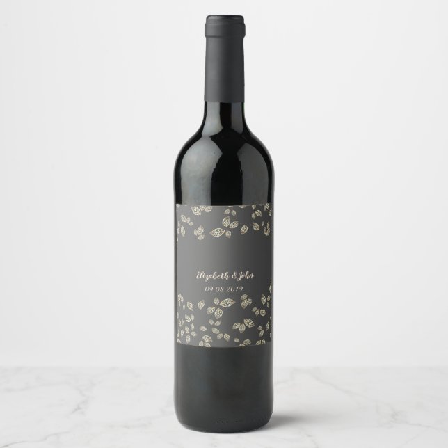 Elegant Chic Gold Leaves Wine Label (Front)