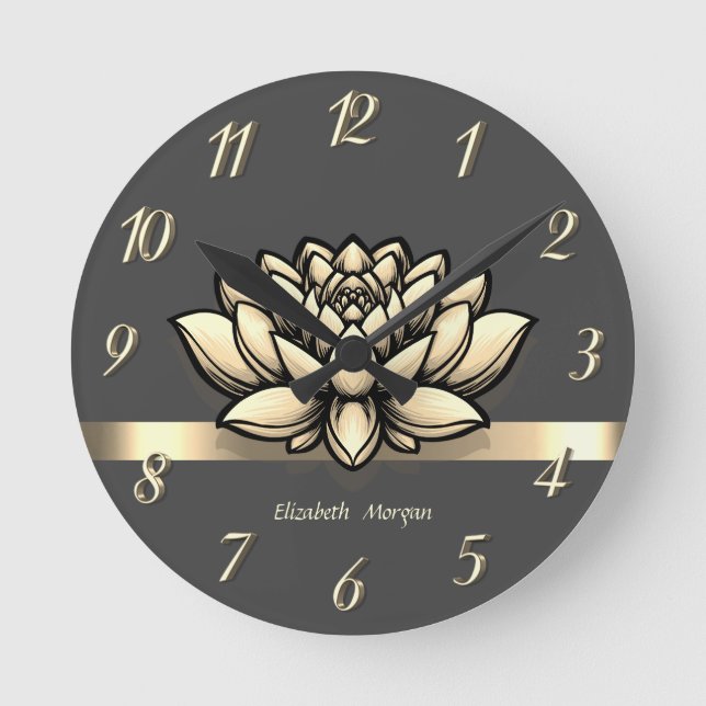 Elegant Chic Gold Lotus, Yoga   Round Clock (Front)