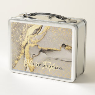 Elegant chic gold marble Personalised Name Metal Lunch Box