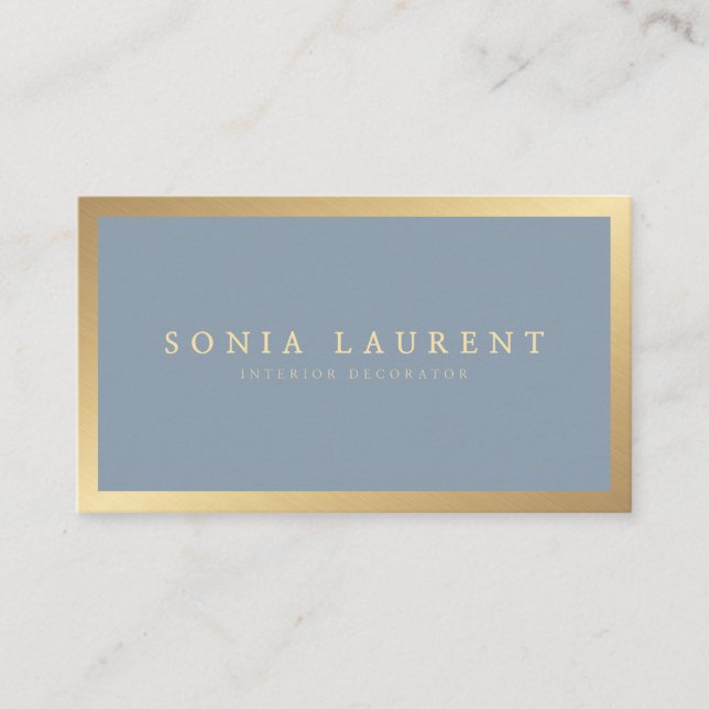 Elegant chic gold metallic dusty blue minimalist business card (Front)
