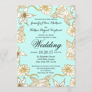 Elegant Chic Gold Mint Flowers Wedding Invitations