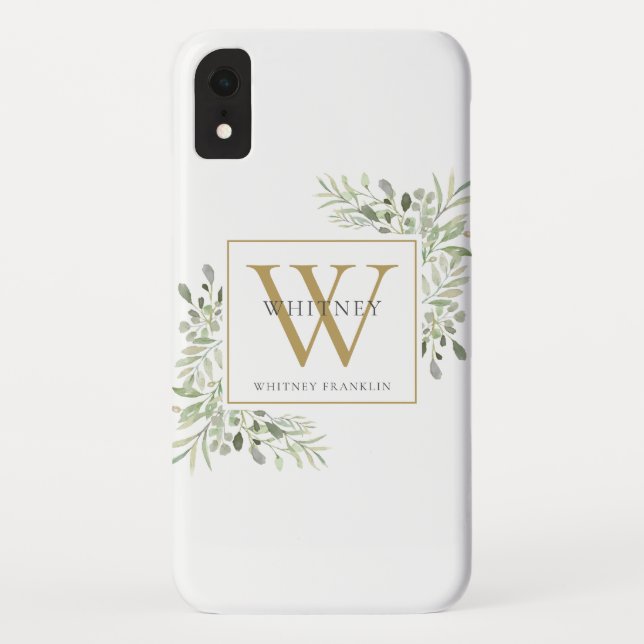 Elegant Chic Gold Monogram Greenery Case-Mate iPhone Case (Back)