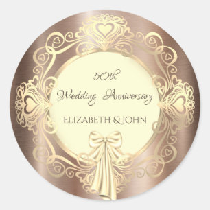Elegant Chic Gold Ornament Heart,Bow Anniversary   Classic Round Sticker
