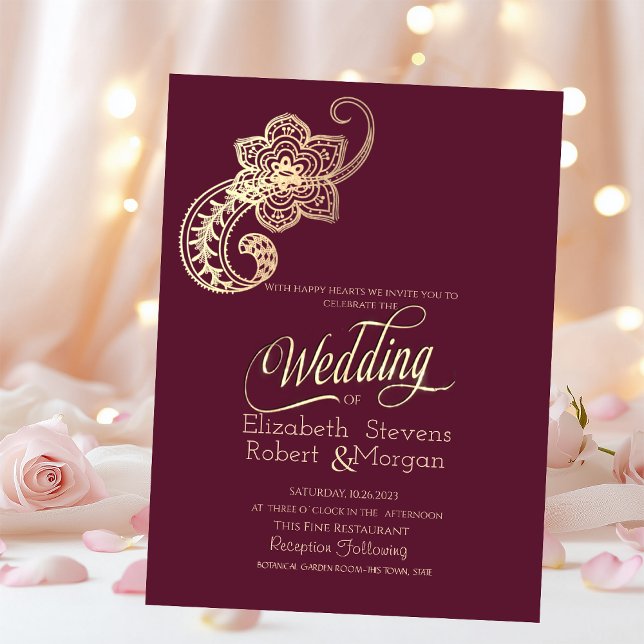 Elegant Chic Gold Paisley Burgundy Wedding   Invitation (Creator Uploaded)