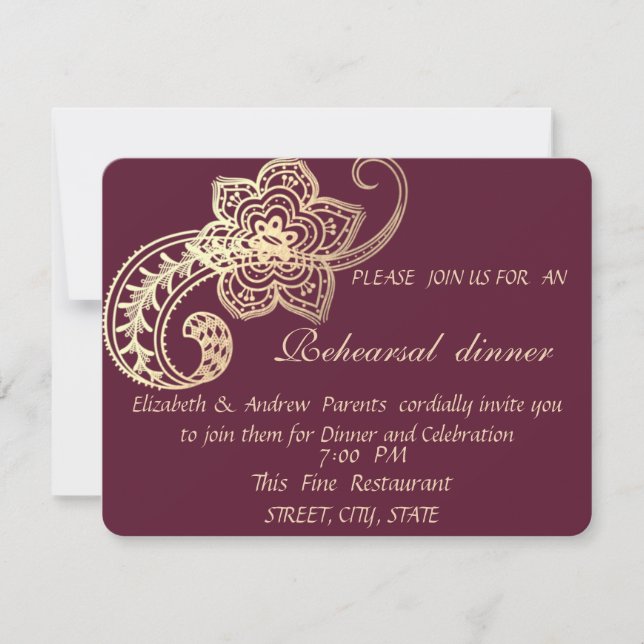 Elegant Chic Gold Paisley Rehearsal Dinner Invitation (Front)