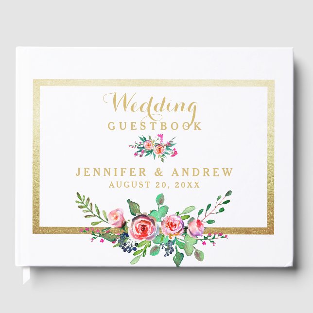 Elegant Chic Gold Pink Floral Personalised Wedding Guest Book (Front)