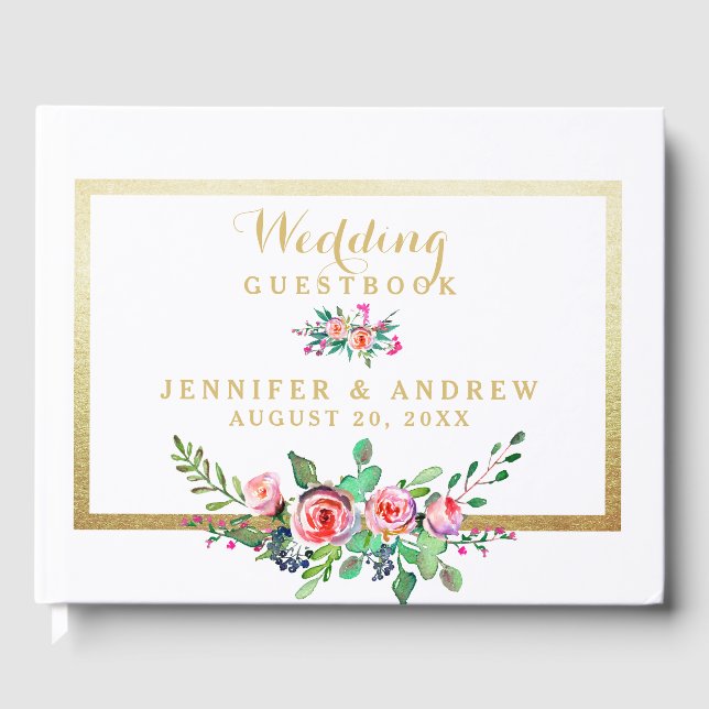 Elegant Chic Gold Pink Floral Personalised Wedding Guest Book (Front)