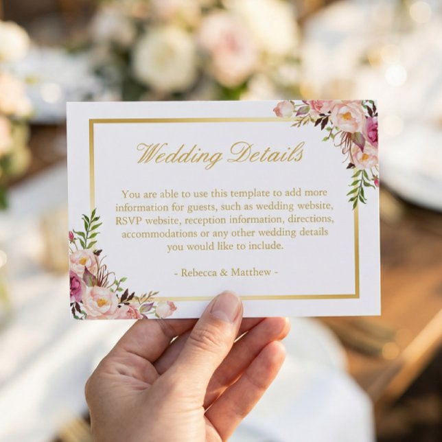 Elegant Chic Gold Pink Floral Wedding Details Enclosure Card (Creator Uploaded)