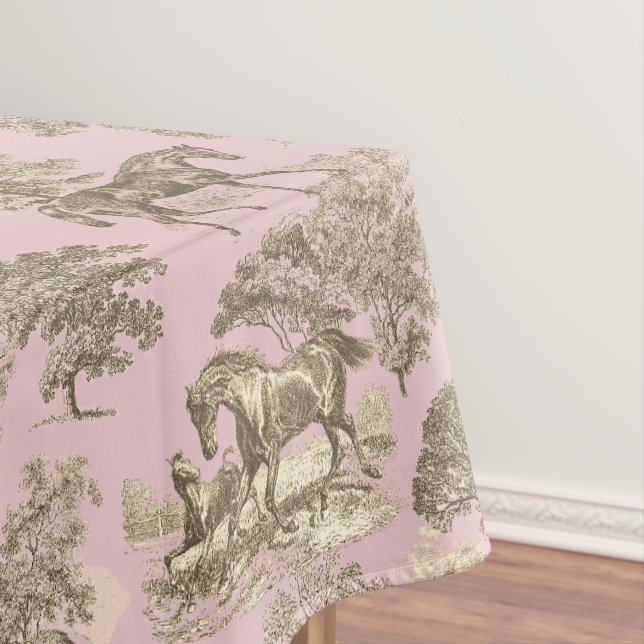 Elegant Chic Gold Pink Rustic Horses Toile Tablecloth (In Situ)