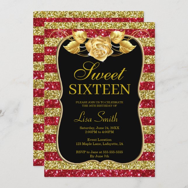 Elegant Chic Gold Red Glitter Rose Sweet 16 Invitation (Front/Back)