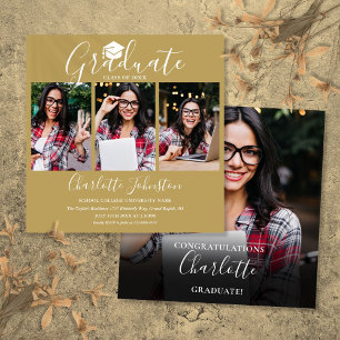 Elegant Chic Gold Script 4 Photo Graduation Party  Invitation