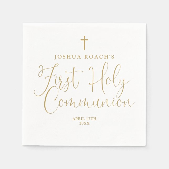 Elegant Chic Gold Script First Holy Communion Napkin (Front)