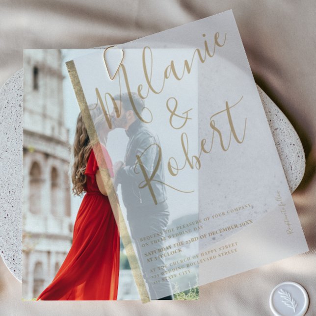 Elegant Chic Gold Stripe Script Wedding Vellum Invitations (Elegant Chic Gold Stripe Script Wedding Vellum Invitations)