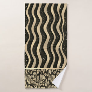 Elegant Chic Gold Swirls Lines Black Bath Towel Set
