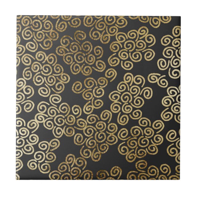 Elegant Chic Gold Swirls on Black Ceramic Tile (Front)