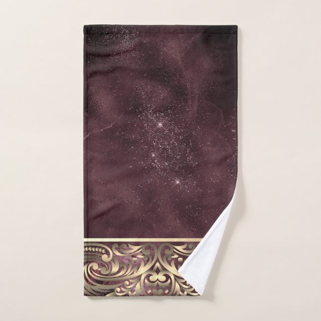 Elegant Chic Gold Swirls Sparkle Burgundy Bath Towel Set (Hand Towel)