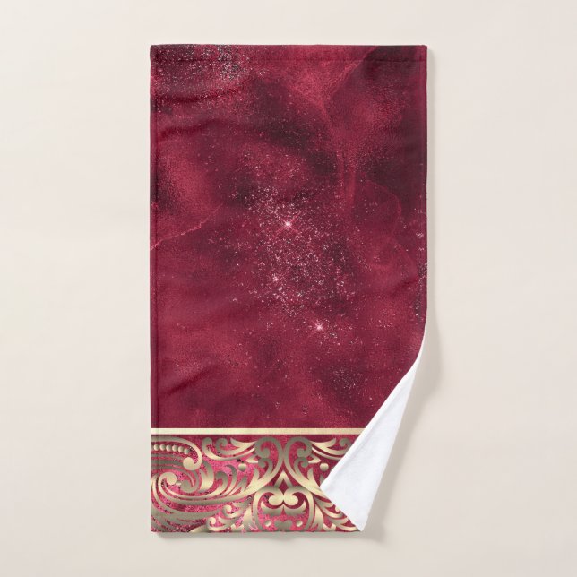 Elegant Chic Gold Swirls Sparkle Red Bath Towel Set (Hand Towel)