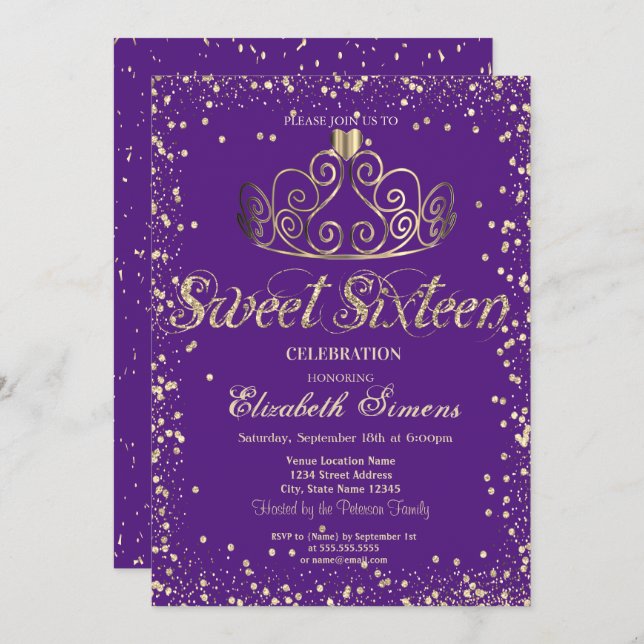 Elegant Chic Gold Tiara Diamonds Confetti Sweet 16 Invitation (Front/Back)