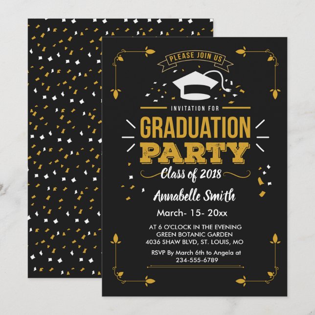 Elegant chic golden & black graduation invitation (Front/Back)