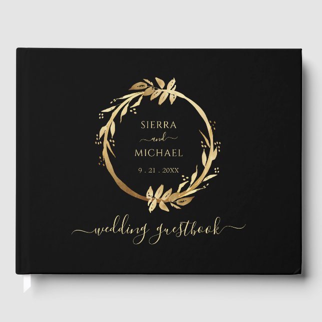 Elegant Chic Golden Foliage Wreath Black Wedding Guest Book (Front)