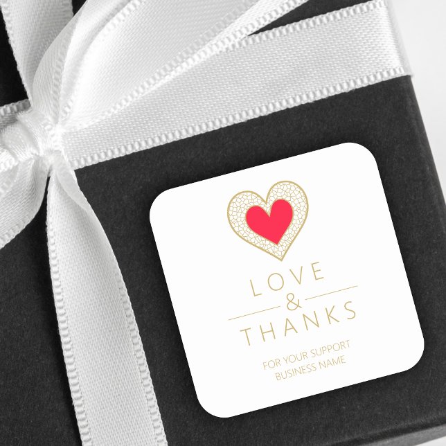 Elegant Chic Gratitude Red Gold Heart Lace  Square Sticker (Exquisite Chic Red Fake Golden Heart Lace Effect Love & Thanks Supporting Small Business.)