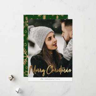 Elegant Chic Green and Gold Christmas Snowflakes Holiday Card