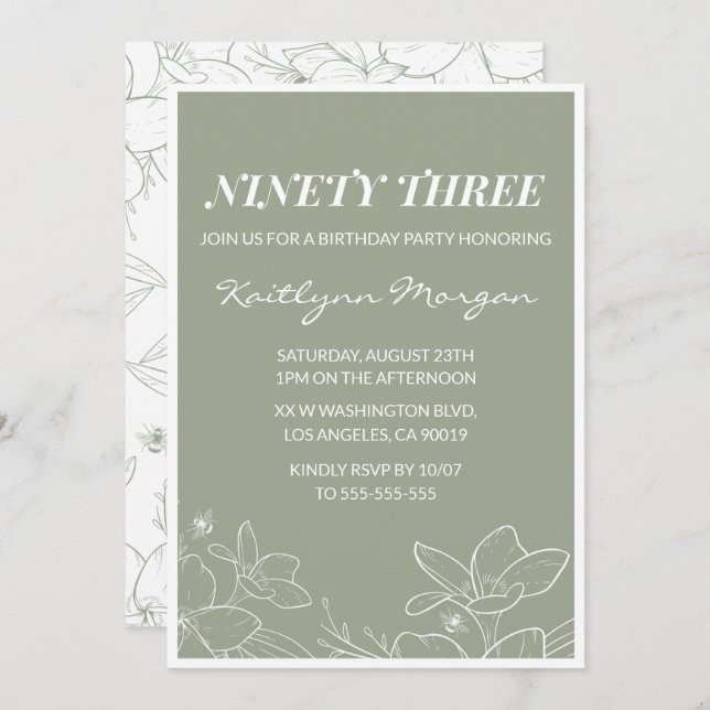 Elegant Chic Green Floral 93rd birthday invitation (Front/Back)