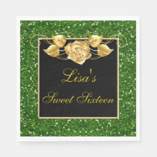 Elegant Chic Green Glitter Gold Rose Sweet 16 Napkin
