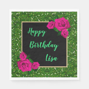 Elegant Chic Green Glitter Pink Roses Birthday Napkin