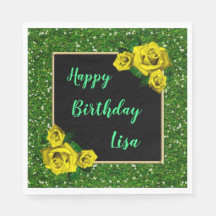 Elegant Chic Green Glitter Yellow Roses Birthday Napkin