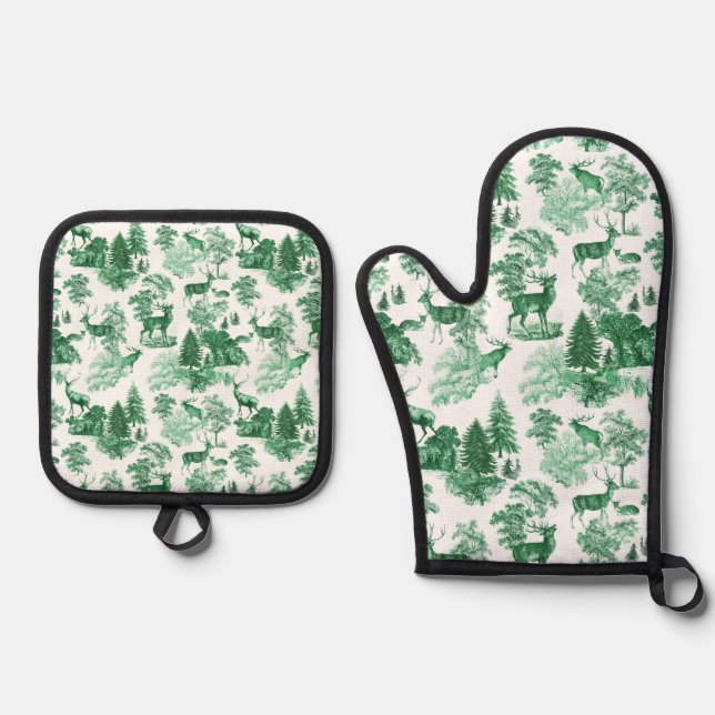 Elegant Chic Green White Toile Deer Woodland Oven Mitt & Pot Holder Set (Front)
