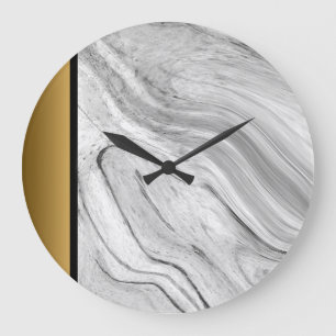 Elegant Chic Grey Black White Gold Marble Pattern  Large Clock
