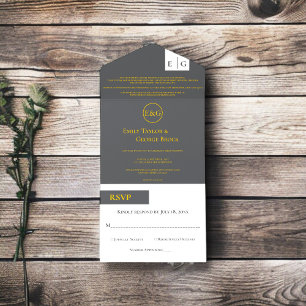 Elegant Chic Grey Gold Monogram Modern Wedding All In One Invitation