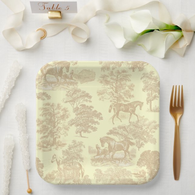 Elegant Chic Horse Toile Beige Cream Paper Plate (Wedding)