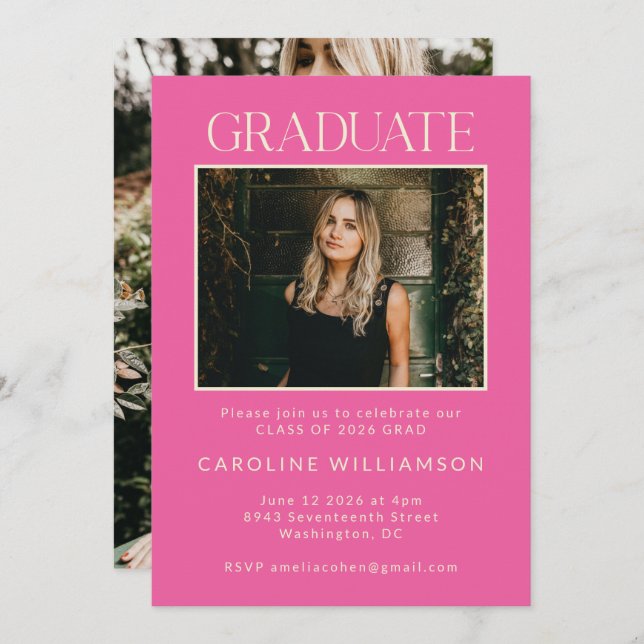 Elegant Chic Hot Pink Two Photo Graduation Party Invitation (Front/Back)