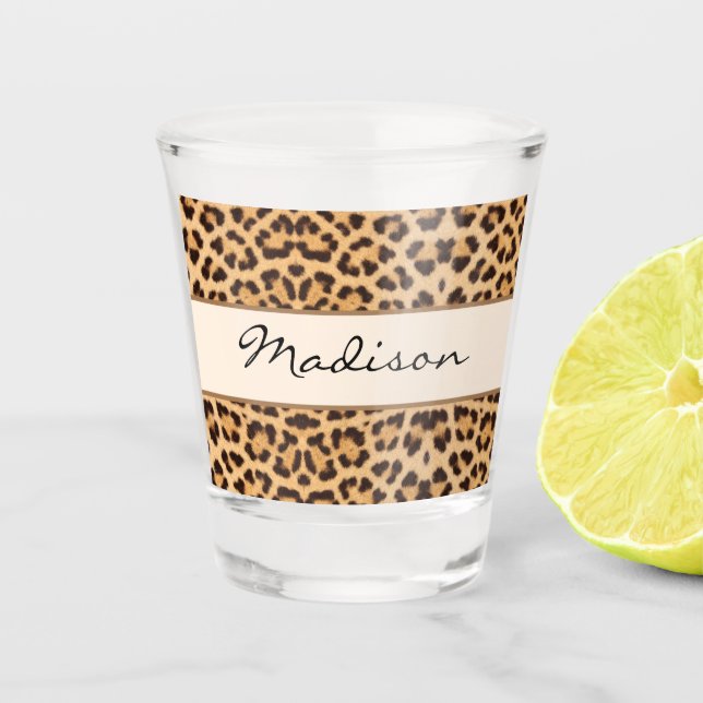 Elegant Chic Leopard Print Personalised Script Shot Glass (Front)