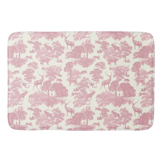Elegant Chic Light Pink Toile Deer Woodland Bath Mat (Front)