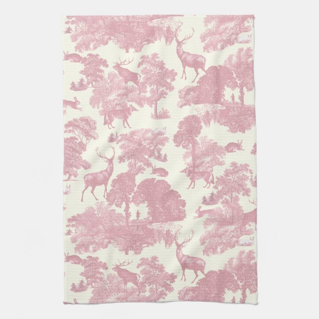 Elegant Chic Light Pink Toile Deer Woodland Tea Towel (Vertical)
