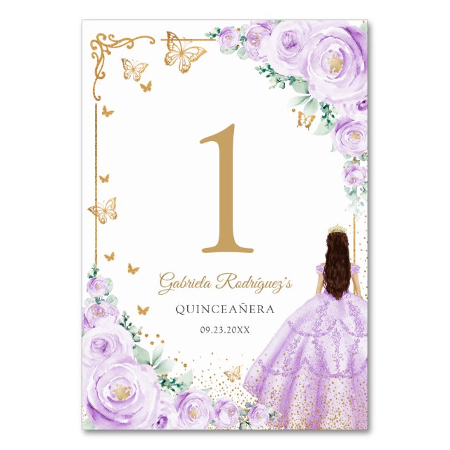 Elegant Chic Lilac Purple Gold Quinceanera Table Number (Front)