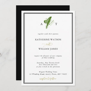 Elegant Chic Lily Valley Crest Black White Wedding Invitation