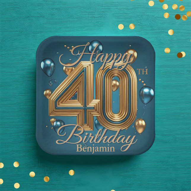 Elegant Chic Luxurious Blue and Gold 40th Birthday Paper Plate (Creator Uploaded)