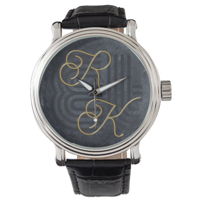 Elegant Chic Luxury Charcoal Black & Gold Monogram Watch (Front)