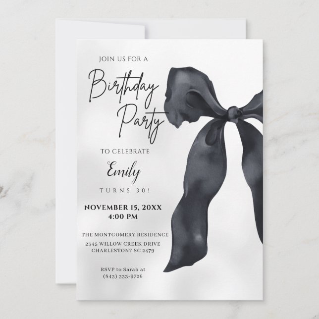 Elegant Chic Modern Black Bow Birthday Invitation (Front)