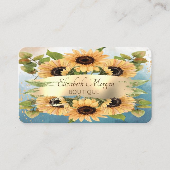 Elegant Chic Modern,Gold Brush Stroke,Sunflowers Business Card (Front)