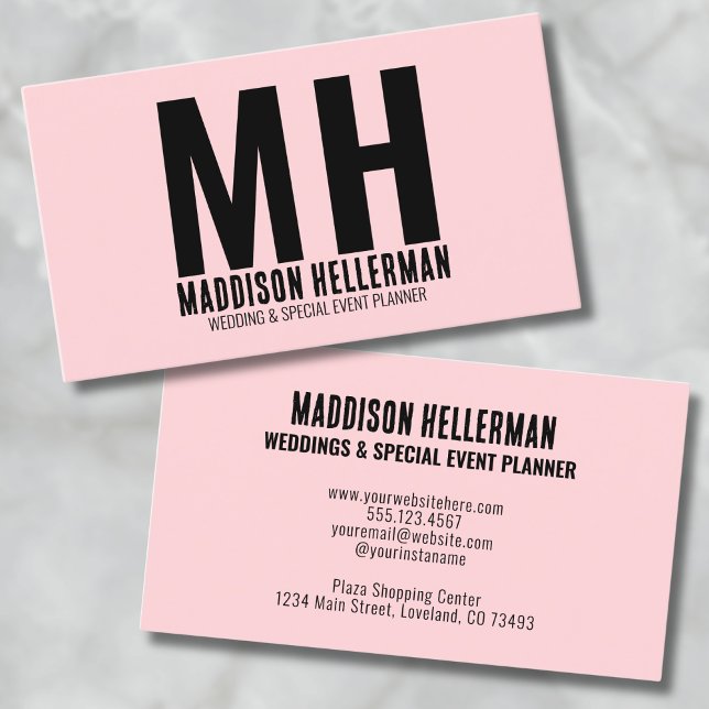 Elegant Chic Modern Pink Monogram Business Card (Simple Minimal Girly Pink Modern Monogram Business Card)