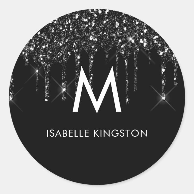 Elegant Chic Monogram Black Glitter Drips Classic Round Sticker (Front)