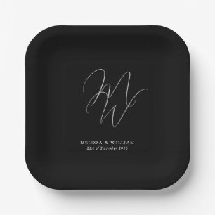 Elegant Chic Monogram Modern Black Wedding Paper Plate