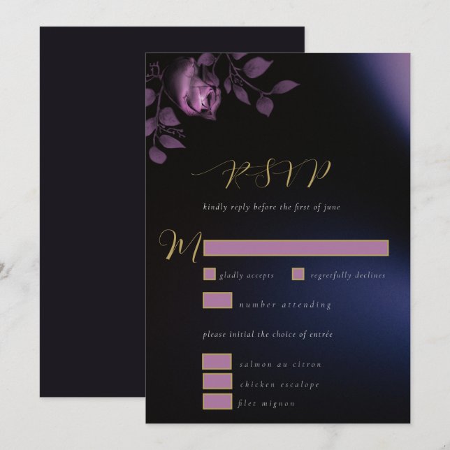 Elegant Chic Moody Dark Purple Floral Wedding RSVP Invitation (Front/Back)